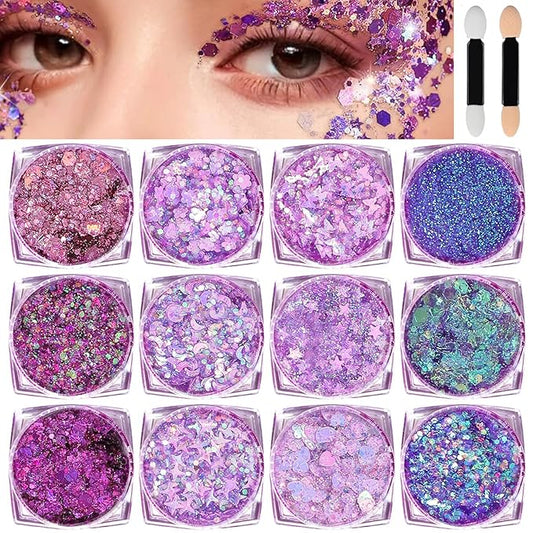 Body Glitter Face Glitter, Hair Glitter for Kids, 12 Shapes Fine Chunky Glitter Gel for Women Girls Makeup Sparkles Party Mermaid Sequins Rave Accessories Singer Concerts Festival (Purple Scheme)