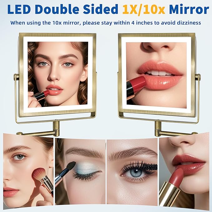 Ruacq Rechargeable Wall Mounted Makeup Mirror with Lights, Double Sided 1X/10X Magnifying Vanity Mirror with 3 Color Lights, Touch Screen Dimmable, 360° Rotation Extension Foldable Arm(Antique Brass)