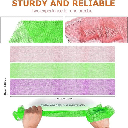 UJFQBH 3 Pieces African Bath Sponge African Net Long Net Bath Sponge Exfoliating Shower Body Scrubber Back Scrubber Skin Smoother,Great for Daily Use (Purple， Pink，Green)