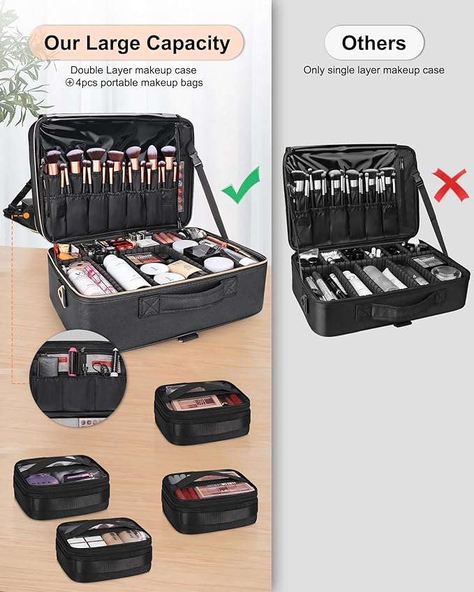 Relavel Makeup Bag, Extra Large Makeup Case, Cosmetic Storage Organizer Box Brush Holder with 4 Clear Set Bags and Adjustable Dividers and Shoulder Strap for Professional Make Up Artists