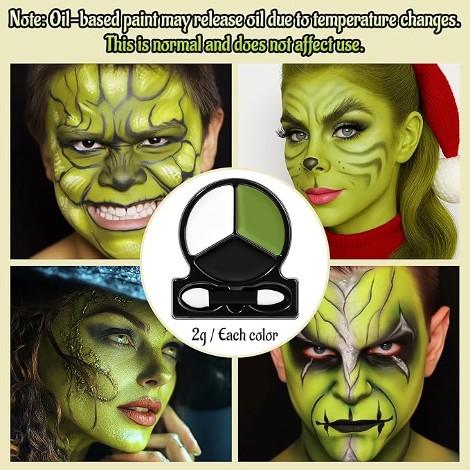 Black White Ogre Green Face Body Paint with Applicator, Oil Based Face Painting Kit for Halloween Green Monster, Frankenstein, Alien, Evil Creature Makeup, SFX Cosplay, Costume Parties, Dress Up