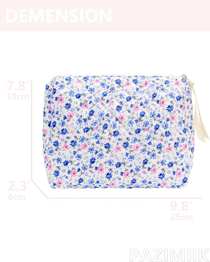 PAZIMIIK Quilted Makeup Bag Large Travel Zipper Soft Cosmetic Pouch for Women Girls Make Up,Floral Blue