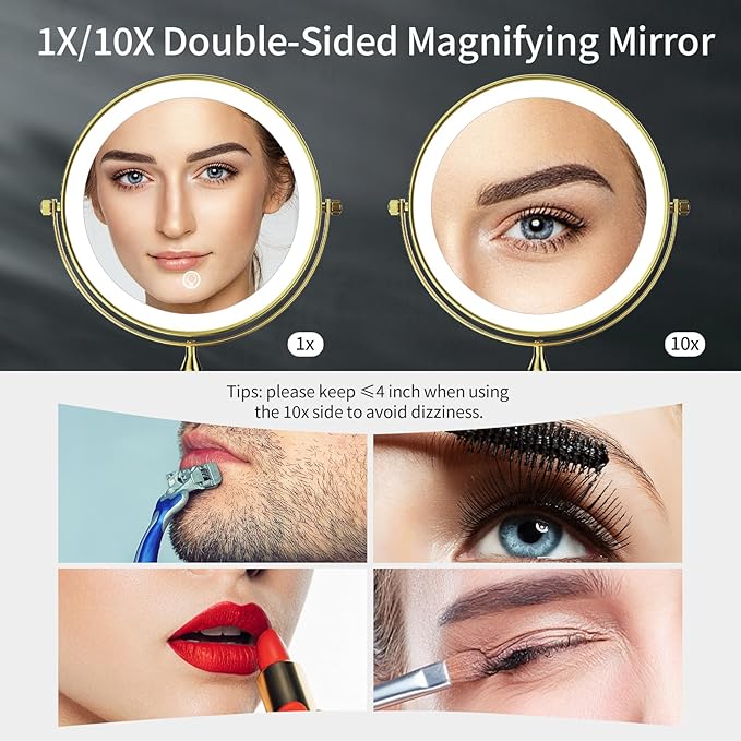DOWRY Rechargeable Lighted Makeup Mirror 10x Magnification Vanity Mirror Tabletop Two-Sided Swivel Gold Finish