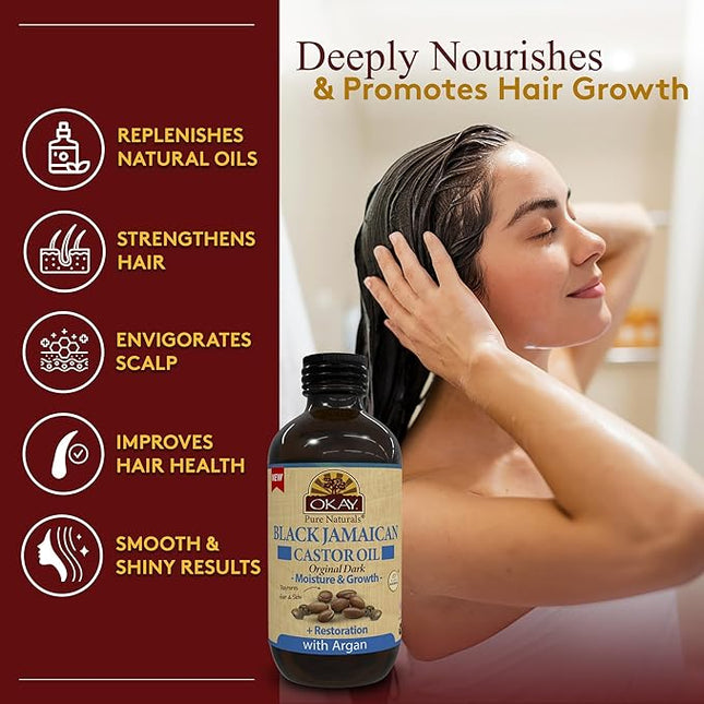 Okay Pure Naturals Black Jamaican Castor Oil with Argan Oil - Castor Oil for Hair Growth, Moisture for Skin, Face, Scalp, Eyelashes, Eyebrows, for Men & Women - 4 Fl Oz Glass Bottle (2 Pack)