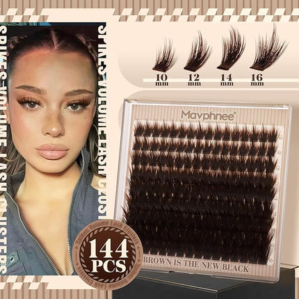 Brown Lash Clutsers Wispy Cluster Eyelash Extensions Fluffy Individual Lashes Natural Cluster Lashes Dark Brown Lash Extensions Fairy Lash Spikes Extension Soft Vibe Look (144Pcs CC Curve 10-16MM)