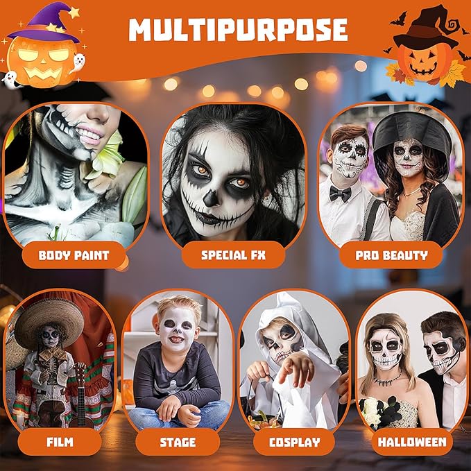 White Black Grey Face Body Paint for Halloween Makeup, Face Paint Kit with Brushes, Non-Irritating, for Adults & Kids, Full-Coverage SFX Makeup Kit for Clown, Zombie, Skeleton, Mime, Cosplay