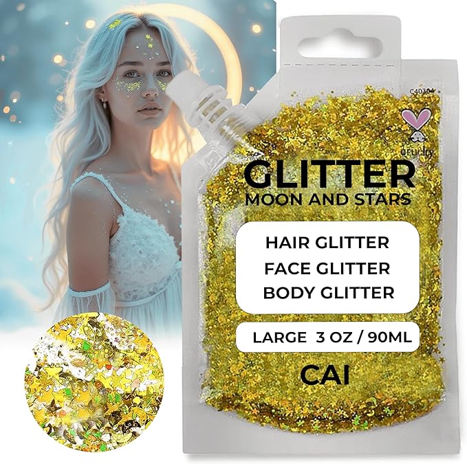 Face, Body & Hair Glitter Gel – Halloween Glitter for Kids and Women – 3 Oz Cosmetic-Grade Gel w/Moon & Stars for Festivals & Halloween Party, Easy Apply & Wash Off - Gold 1Pack