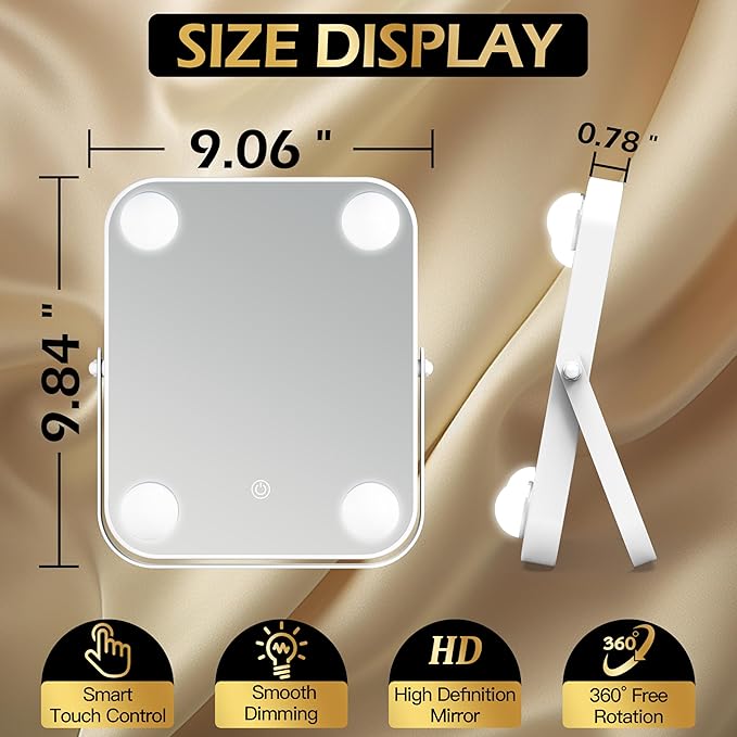 Hollywood Vanity Mirror with Dimmable LED Lighting, Smart Touch Control & U-Shaped Bracket - Portable Tabletop Makeup Mirror for Travel, Home (White)