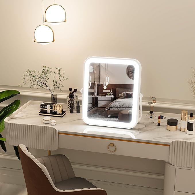 PRIMETEK LED Vanity Mirror with Gift Box, 10"x8" Lighted Hollywood Makeup Mirror, Portable Travel Makeup Mirror with Lights, 3-Color Lighting, 5X Magnification, for Vanity Desk, Bedroom, Gifts for Her