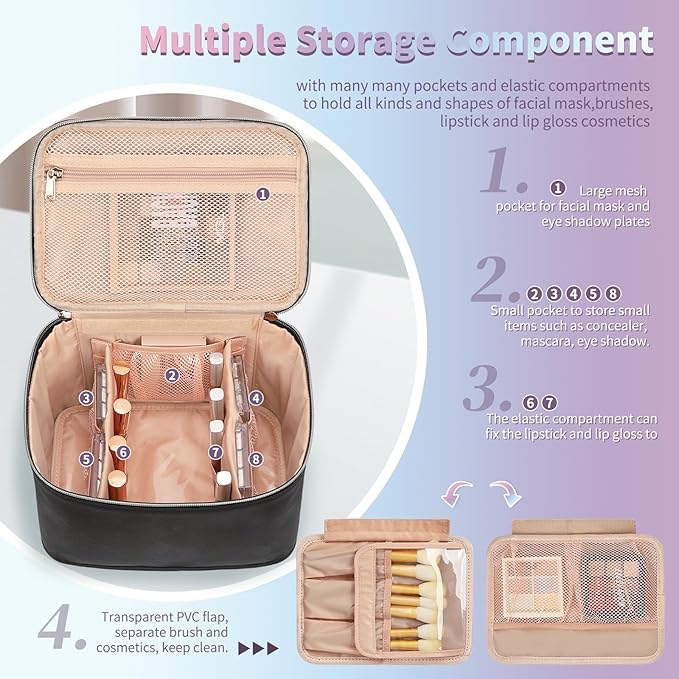 OCHEAL Travel Makeup Bag, Large Make up Bag Organizer Cosmetic Case with Detachable Brush Divider and Multi-purpose Comparement,Waterproof Portable for Toiletry Accessories Makeup Tools-Black