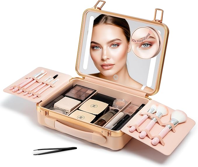 Travel Makeup Case with LED Mirror - Durable Makeup Case with Lighted Mirror with 3 Adjustable Light Settings - Rechargeable Makeup bag with light up Mirror - Mini 10x mirror included