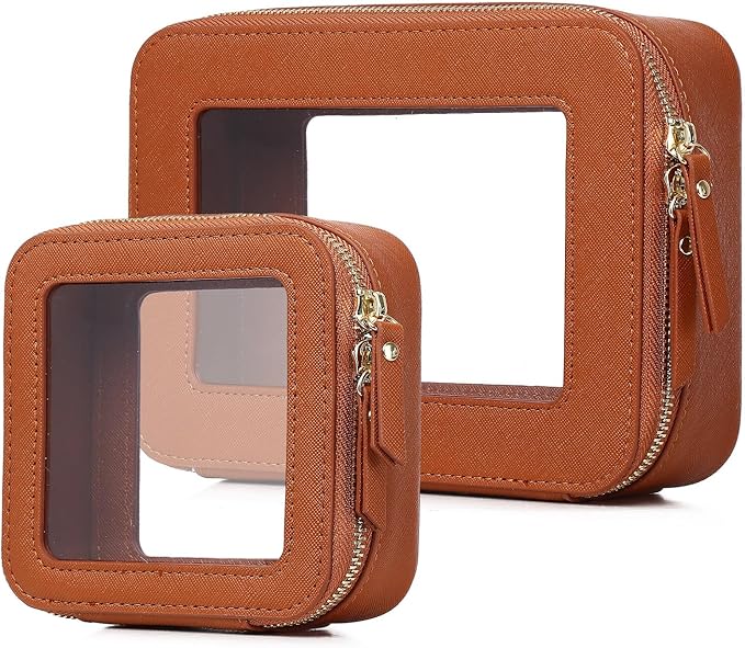 Pinkmik Clear Makeup Bag Waterproof Travel Case for Cosmetics and Toiletries Women's Purse Organizer and Clear Car Bag with Zipper (X/Brown, M+MINI)