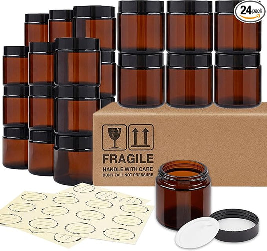 TUZAZO 4 Oz Thick Amber Round Glass Jars with Inner Lids and Black Lids, 24 Pack Small Empty Candle Making Jars/Cosmetic Containers for Lotions, Creams, Body Butters, Essential oil Beauty Products