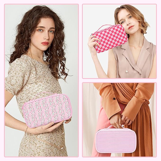 Relavel Cute Makeup Bag for Girls, Portable Pink Cosmetic Bag, Dual-layer Makeup Pouch with Brush Holder, Multi-Functional Preppy Toiletry Organizer for Travel, Daily Use - Pink Flower