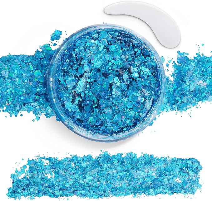 Blue Face Body Glitter,Mermaid Sequins Makeup Glitters Face Paint, Chunky Sparkling Glitter Gel for Women,Holographic Chunky Sequins Glitters for Eye Lip Hair Nails,Halloween Festival Rave Accessories