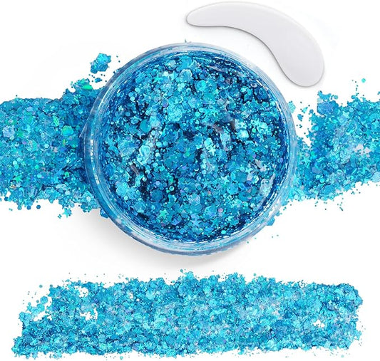 Blue Face Body Glitter,Mermaid Sequins Makeup Glitters Face Paint, Chunky Sparkling Glitter Gel for Women,Holographic Chunky Sequins Glitters for Eye Lip Hair Nails,Halloween Festival Rave Accessories