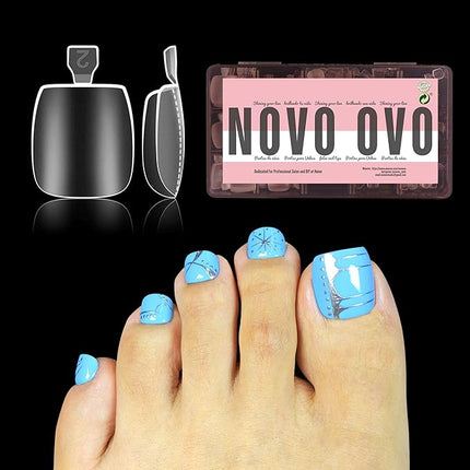NOVO OVO Sculpted Toe Nail Tips Long Thick Tapered Square Press on, Extra Wide Soak off Soft Gel False Toenail Extension, Pre-applied Tip Primer & Base Coat, Full Cover Acrylic DIY x 15 Sizes 240 pcs
