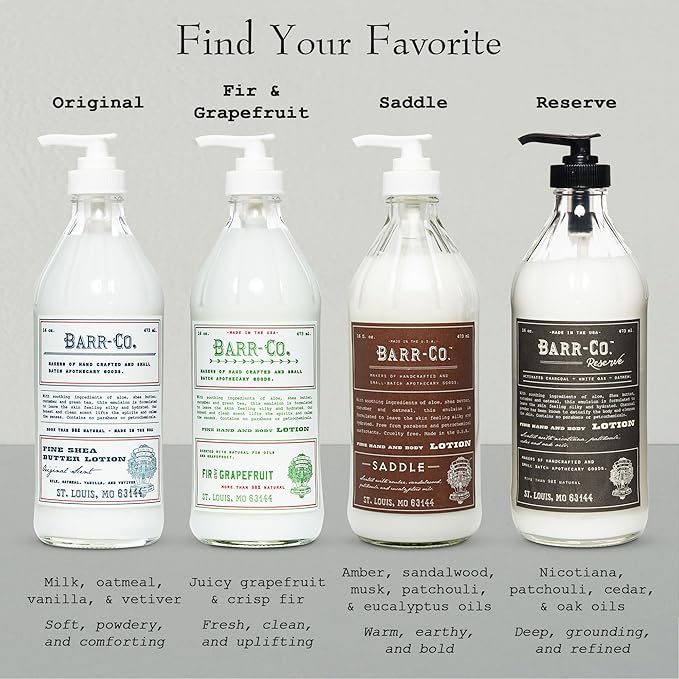 BARR-CO. Saddle Scent Shea Butter Lotion, Amber Scent with Sandalwood & Musk, Shea Moisturizing Lotion for Sensitive Skin, 16 fl oz