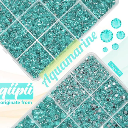 qiipii Aquamarine Resin Rhinestones w B7000 Glue for Bedazzling Crafting 2mm-6mm Lake Blue Flatback Stones Diamonds Crystals Gems Bedazzler Kit for Nails Face Eyes Makeup Tumblers Bottles Crafts Shoes
