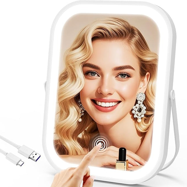 ROLOVE Rechargeable Makeup Mirror, 6x8 Inch Portable Vanity Mirror with Lights, 3-Color Dimmable LED Lighting, Tabletop Mirror, Travel Essentials