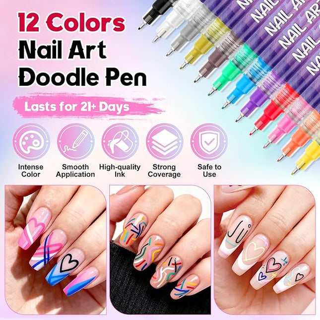 Kalolary 12 Color Nail Art Pens Set, Nail Polish Pens 0.5MM Fine Tip Acrylic Paint Pen Nail Art Markers Quick-Dry Nail Art Tools for Dotting Drawing Painting DIY Nail Art Beauty Manicure(A)