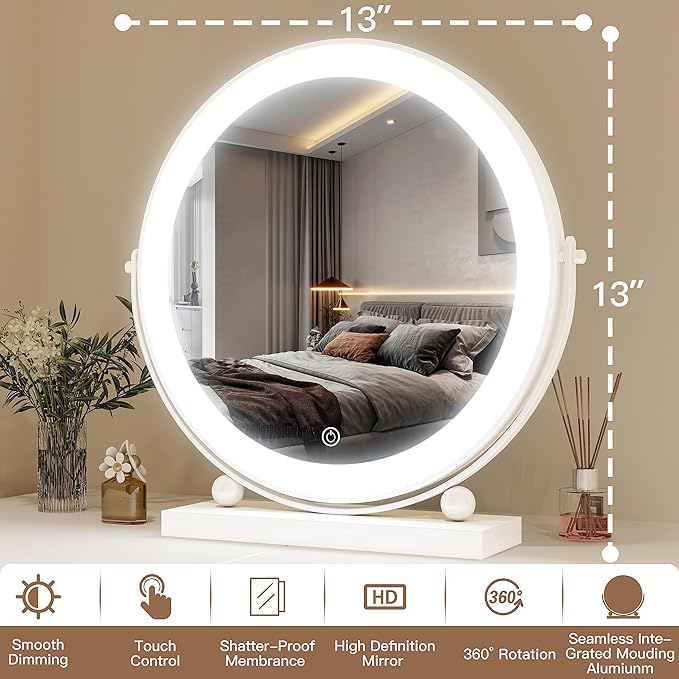 13 Inch Vanity Mirror with Lights, Round Make Up Mirror with Lighting, LED Mirror Makeup Mirror with Lights for Bedroom Tabletop, Smart Touch Control, 360° Rotation (White)
