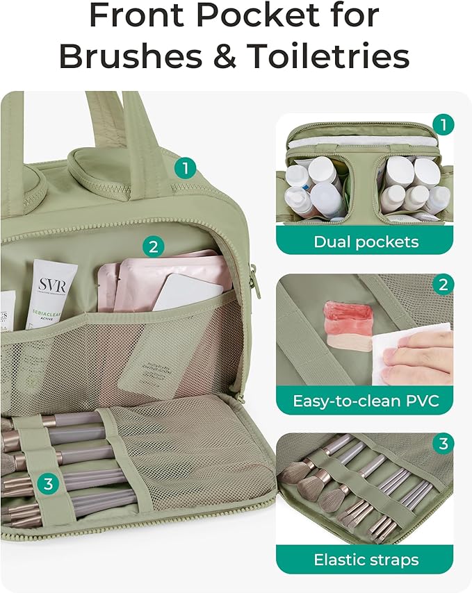 BAGSMART Travel Toiletry Bag, Lightweight Large Wide-open Travel Bag for Women, Puffy Cosmetic Makeup Bag Organizer with Handle for Accessories,Essentials, Toiletries, Green
