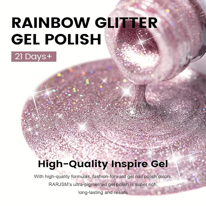 RARJSM Glitter Gel Polish Metallic Rose Pink Shiny Diamond Sparkly Holographic Iridescent Chunky Purple Pink Pigments Nail Gel Polish Soak off L e d U V Curing Required for Nail Art Salon Manicure