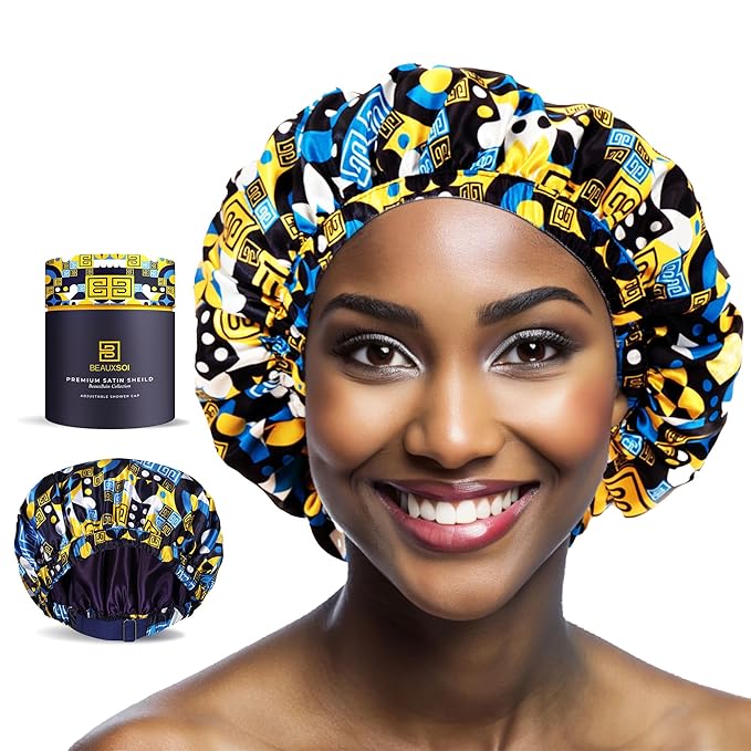 Luxury Reusable Waterproof Shower Cap for Women - Satin Lined, Adjustable - Keeps Hair Dry, Durable Hair Bonnet by BEAUXSOI (African Majesty)