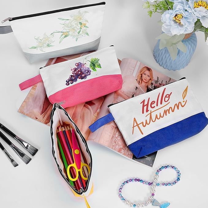 10 Pieces Cotton Canvas Makeup Bag with Bottom and Strap, Multi-Purpose Cosmetic Bag with Zipper Travel Toiletry Pouch, Blank DIY Craft Bag (Multicolor 03, M)