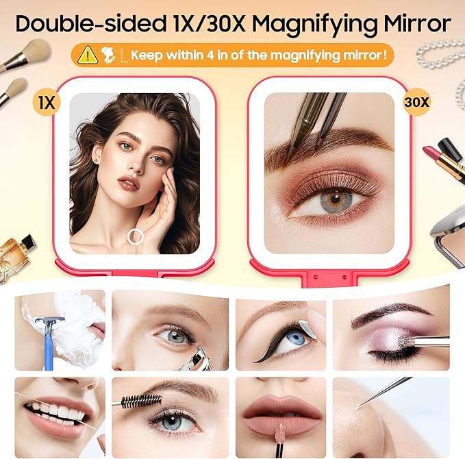 B Beauty Planet Small Travel Makeup Mirror with Lights(10" L x 5" W), Double-Sided 1X/30X Magnifying Mirror, 3 Color Lighting & Brightness Adjustable, Portable &Foldable Mirrors with Light (Red)