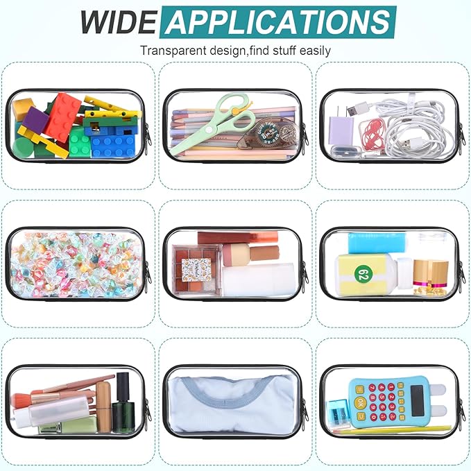 Sanwuta 6 Pcs Clear Hard Zipper Case Pencil Pouches Hard Plastic Zipper Pouches Makeup Bag Transparent Cases for Snacks Plastic Storage Organizer Box for Travel(Black,7.48 x 3.94 x 2 Inch)