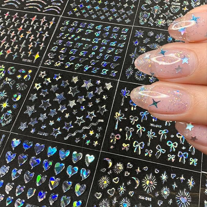 30 Sheets Star Nail Art Stickers Aurora Star Line 3D Self Adhesive Nail Stickers for Nail Art Moon Stars Nail Decals Heart Nail Supplies for Women and Girls Manicure DIY Decoration