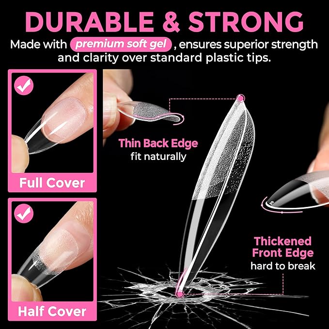 UNA GELLA Almond Nail Tips 216pcs Medium Almond Press on Nails Pre-shape Gel Fake Nails for Full Cover Acrylic French False Nails For Nail Extension, DIY Salon 12 Sizes Gelly Tips