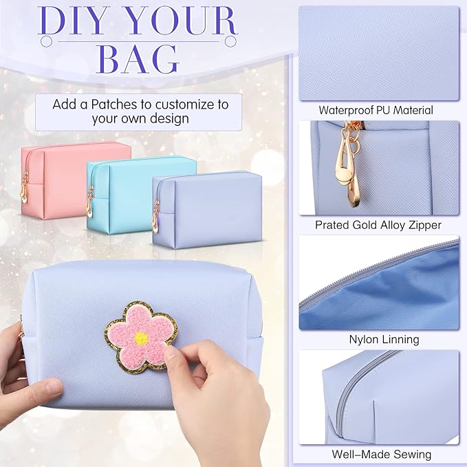 Sanwuta 9 Pcs Makeup Bags Bulk PU Double Zippers Cosmetic Bag Makeup Toiletry Pouch Portable Travel Organizers Case for Women Bachelorette Party End of The Year Bridesmaid Gift(Pink, Blue, Purple)