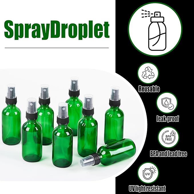 2 oz Glass Spray Bottles, Reusable Fine Mist Sprayer Small Spray Bottle, Leak-Proof Design, Perfect for Travel, Skin Care, Perfumes, Botanical, Cleansing (Green, 2oz-24pcs)