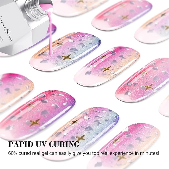 MelodySusie Semi Cured Gel Nail Strips, 20 PCS Gel Nail Stickers, UV Light Required, Durable & Salon Quality (Mermaid, Pink, Glitter, Letter Print)