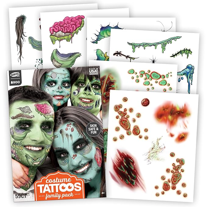 Zombie Face Temporary Tattoos – 25 Pack | Realistic Halloween Costume Makeup, Scars, Wounds & Blood FX, Easy to Apply & Remove, Waterproof, Skin-Safe