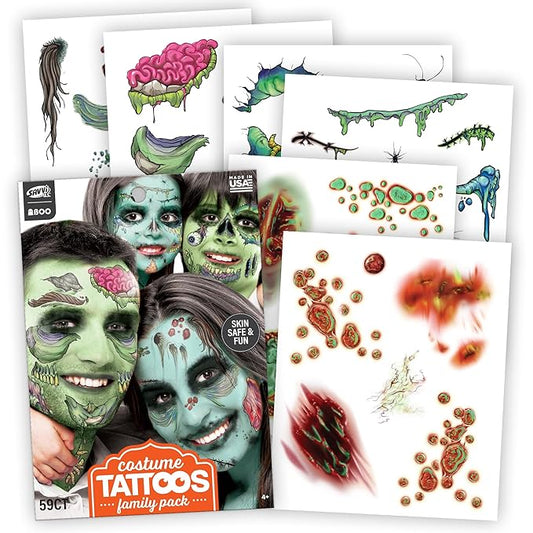 Zombie Face Temporary Tattoos – 25 Pack | Realistic Halloween Costume Makeup, Scars, Wounds & Blood FX, Easy to Apply & Remove, Waterproof, Skin-Safe