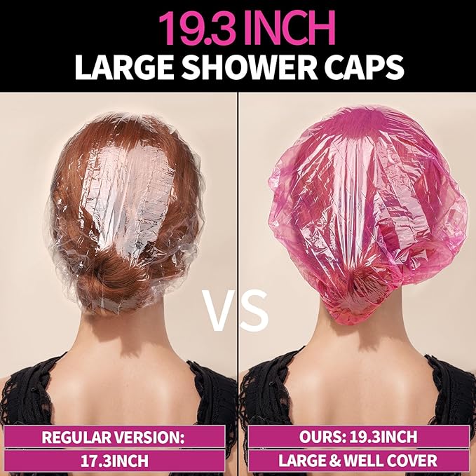 LEOBRO Disposable Shower Caps, 100PCS Large Shower Cap, Plastic Shower Caps for Women Disposable, Thick Plastic Caps for Hair Treatment, Large Size 19.3 INCH, Pink