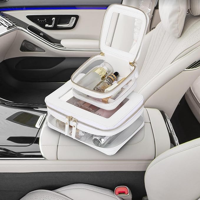 Pinkmik Clear Makeup Bag with Zipper Waterproof Travel Makeup Set for Cosmetics and Toiletries Women's Purse Organizer and Car Essentials (White, M+MINI-1)