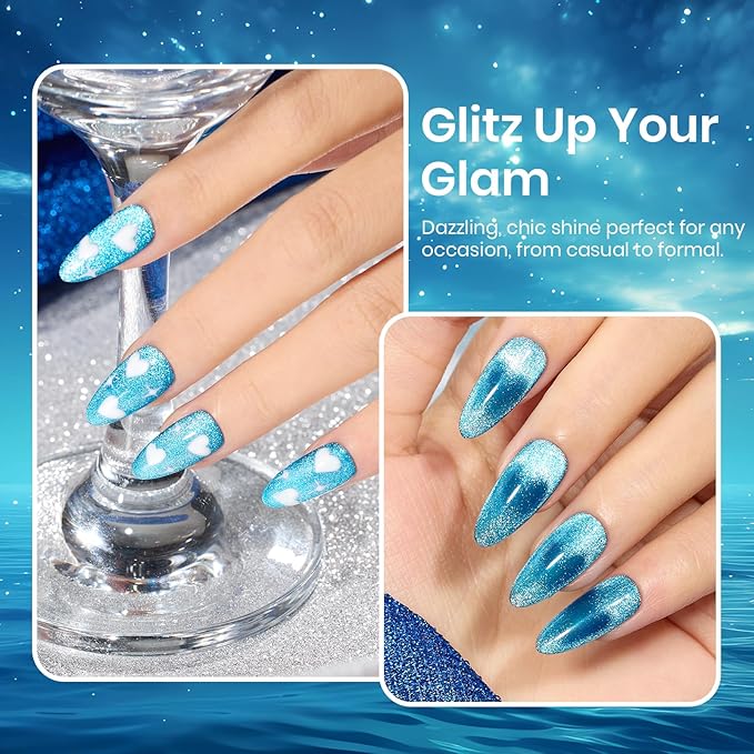 Beetles Blue Cat Eye Gel Polish, 15ML Blue Cat Eye Glitter Gel Polish with Magnet Shimmer Velvet Gel Soak Off UV Stellar Ocean Collection French Nail Art Design Manicure Summer Gifts for Women
