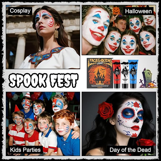 Face Body Paint, Pinturas Para Halloween Full-coverage Multi-Color Cream Makeup Body Paint for Adult Halloween Cosplay SFX Makeup Paint Halloween Cosplay Costume Party, Red+white+Blue 30g*3