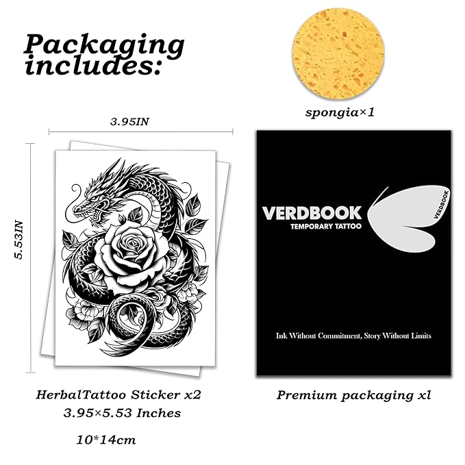 Waterproof Temporary Tattoos: 2-Sheet Tattoo Kit with Realistic Body Stickers, Semi-Permanent Tattoos for Adults Lasting 7-15 Days – Safe for Men & Women, Dragon & Rose Pattern