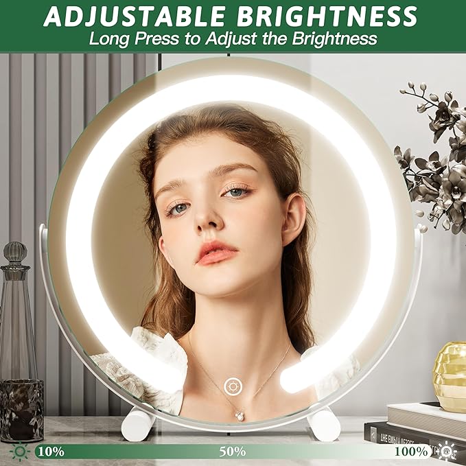 Vanity Mirror with Lights, 12 Inch Light Up Makeup Mirror, LED Makeup Mirror with Lights for Bedroom Tabletop, Smart Touch Control 3 Colors Dimmable, 360° Rotation, White