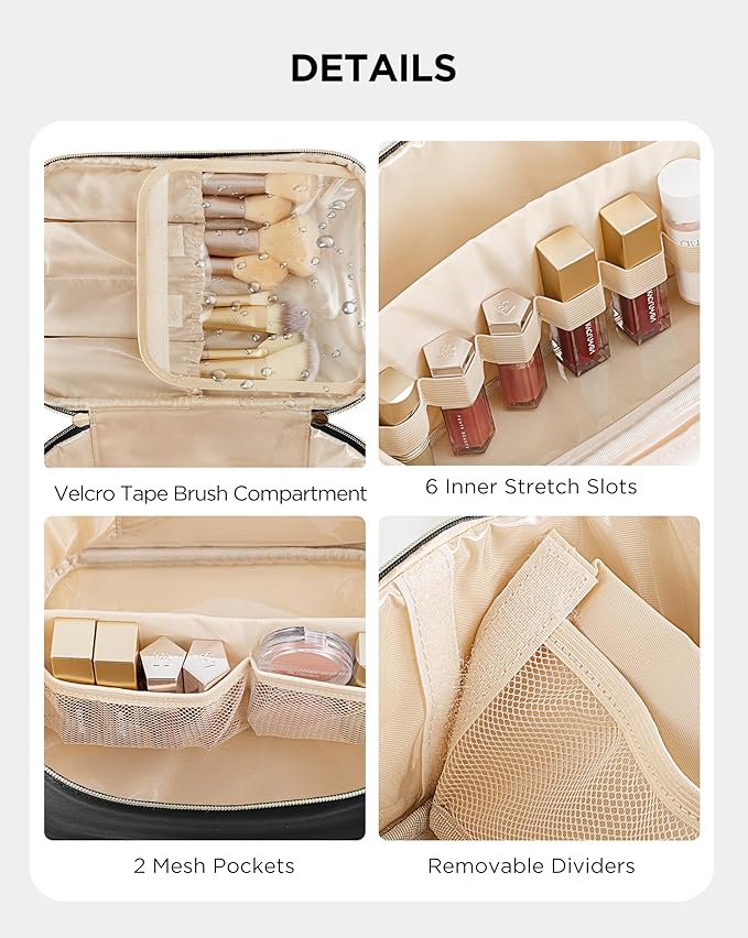 Large Travel Makeup Bag Organizer with Removable Dividers, Waterproof Leather Cosmetic Case, Black