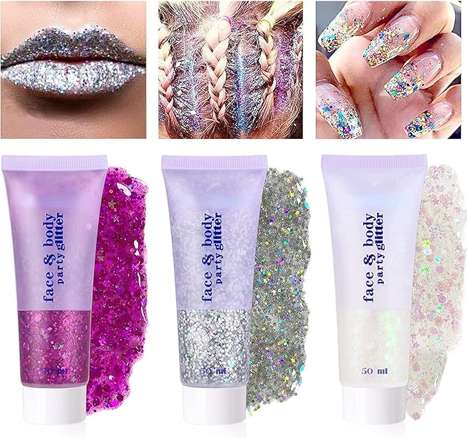 Silver Hair Glitter,Sparkling Neon Outfit Party Holographic Sequins Paint Body Glitter Gel Makeup.(05# Silver)