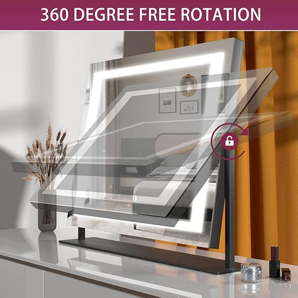 Hasipu Vanity Mirror with Lights, 24.2" x 19.7" LED Makeup Mirror, Light up Mirror with 10X Magnification, Smart Touch 3 Colors Dimmable, 360° Rotation (Right Angle Black)