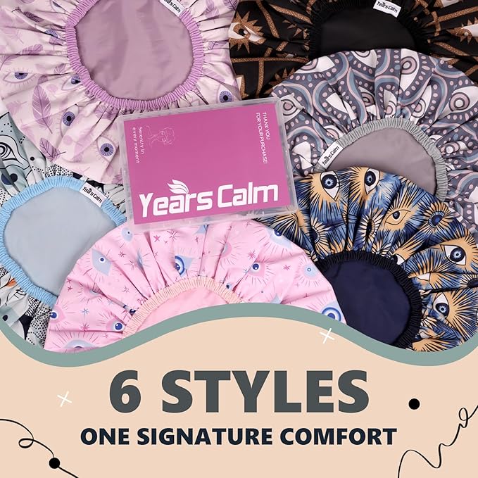 Years Calm Evil Eye Shower Caps for Women Reusable Waterproof, Pattern and Solid Color Dual-Layer Design, Hair Cap for Shower with Elastic Band, Fits Braids, Dreadlocks & Long Hair (Gray)