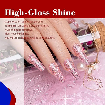 RARJSM Glitter Gel Nail Polish Set of 6 Colors Diamond Silver Sparkly Holographic Champagne Gold Iridescent Red Chunky Pigments Gel Polish Soak off Led UV Curing Required for Nail Salon Manicure